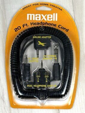 MAXELL 20' Coiled HEADPHONE CORD with 4 ADAPTERS HP-20 190399 NIB NEW Sealed